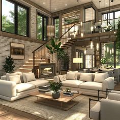 a living room filled with white furniture and lots of windows next to a fire place