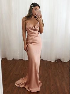 Simple Blush Long Prom Dress Mermaid Formal Dress #vickidress #eveningdresses #mermaiddress #formalpartydresses Long Ball Dresses, Simple Prom Dress Long, Satin Prom Dresses, Prom Dresses Long Pink, Blush Bridesmaids, Spaghetti Strap Prom Dress, Prom Dresses Sleeveless, فستان سهرة, Satin Prom Dress