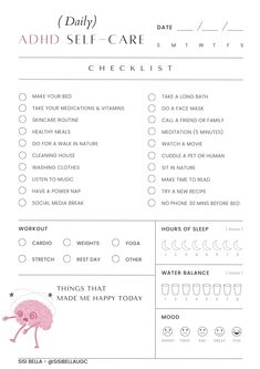 the printable self care checklist is shown in pink and white, with an image of