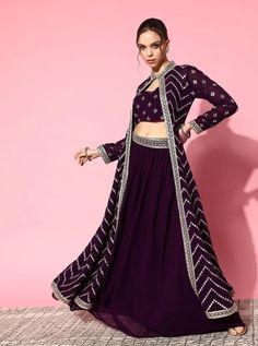 * Women Purple Ethnic Motifs Embroidered Top With Skirt & With Jacket Pakistani Salwar Kameez / Indian Wedding Dress / Plus Size Cotton Dress Traditional Indian Wear / Salwar Kameez Dupatta / Kurti Palazzo Set / Hand Embroidery kurta * Purple embroidered Top with Skirt and embroidered jacket * Top design:- * Ethnic motifs embroidered * A-line shape * Regular style * Shoulder straps, sleeveless regular sleeves * Zari detail * Above knee length with curved hem * Poly georgette knitted and woven fa Jacket Variation, Roka Outfits, Skirt With Jacket, Crop Top With Skirt, Work Skirt, Ethnic Motifs, Solid Skirt, Embroidered Crop Tops, Woman Wine