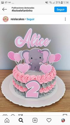 a pink and grey cake with an elephant on top