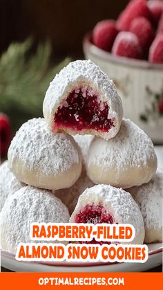 raspberry filled almond snow cookies stacked on top of each other with text overlay