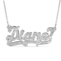 On fleek and shimmering, this Personalized diamond name necklace adds instant interest to her chic party getup. Crafted in sterling silver, her fancy script-style namesake - up to 10 characters in length - is finished with sparkling diamonds and intricate texturing. Swirling flourishes embellish the bottom to complete the look. Dazzling with 1/10 ct. t.w. of diamonds and a bright polished sine, this 18.0-inch link chain necklace secures with a spring-ring clasp. Personalized Elegant Sterling Silver Diamond Necklace, Elegant Personalized Sterling Silver Diamond Necklace, Classic Diamond-accent Name Necklace For Anniversary, Classic Name Necklace With Diamond Accents For Anniversary, Silver Name Necklace For Party, Signature Silver Jewelry With Names, Silver Nameplate Necklace For Party, Personalized Silver Diamond Necklace For Formal Occasions, Silver Name Necklace With Diamond Accents For Anniversary