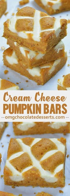 cream cheese pumpkin bars are stacked on top of each other