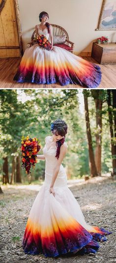 two different pictures of a woman in a wedding dress