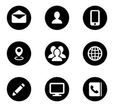 black and white icons with different types of items on them, such as a map, phone