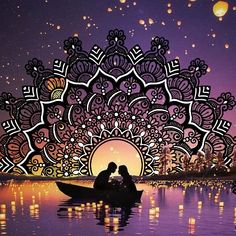 two people on a boat in the water at night with lanterns floating above them and an intricately designed background