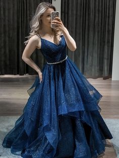 Shiny V Neck Navy Blue Long Prom Dresses with Belt, Fluffy Navy Blue Formal Dresses, y Blue Evening Dresses Navy Blue Formal Dress, Prom Dress Blue, Blue Formal Dress, Clothing Reference, Blue Ball Gowns, Blue Dress Formal, Blue Evening Dresses, Blue Tulle, Custom Size Dresses