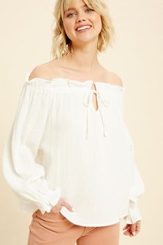 TEXTURED RUFFLE CHEST FRONT KEYHOLE COTTON WHITE TOP – Mota Boutique White Feminine Off-shoulder Tops, Feminine White Off-shoulder Tops, White Ruffled Peasant Top For Brunch, White Ruffled Off-shoulder Top For Day Out, White Off-shoulder Top With Ruffles For Day Out, White Ruffled Cotton Peasant Top, White Cotton Peasant Top With Ruffles, Off-shoulder Ruffled Tops For Brunch, Casual White Off-shoulder Peasant Top