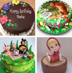 there are four different cakes with characters on them