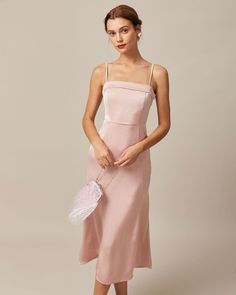 The Pink Bodycon Satin Cami Midi Dress & Reviews - Pink - Dresses | RIHOAS Pink Midi Dress With Straight Neckline For Brunch, Feminine Bridesmaid Dress With Straight Neckline, Elegant Strapless Slip Dress For Brunch, Spring Sheath Midi Dress For Bridesmaid, Elegant Pink Knee-length Slip Dress, Elegant Knee-length Pink Slip Dress, Pink Bodycon, Vestidos Color Rosa, Cami Midi Dress