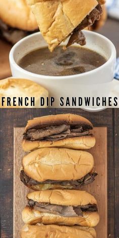 french dip sandwiches are stacked on top of each other, and the sandwich has been cut in half