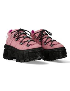 shop now and step up your style game with these trendy pink platform lace-up boots. crafted with a combination of durable canvas and a sturdy rubber sole, these boots offer both comfort and style. perfect for adding a touch of edginess to your outfits, these boots are a must-have for fashion-forward individuals. Pink Platform Boots, Rubber Sole Boots, New Rock Boots, Pink Platform, Pink Platforms, Shoes Boots Ankle, New Rock, Rock Design, Boots Knee