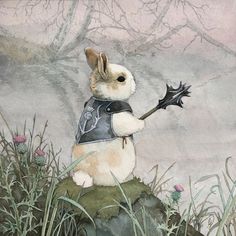 a painting of a rabbit dressed as a knight holding a black bat on top of a rock