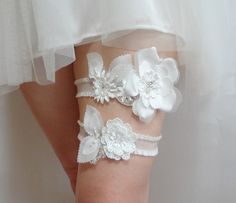 White Satin Blossom Garter Set Sincerity Wedding Dress, Unique Garter, White Garter, White Garters