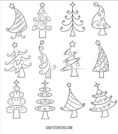 christmas trees with stars and swirls in black and white