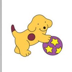 a yellow dog is playing with a purple and yellow star ball on a white background