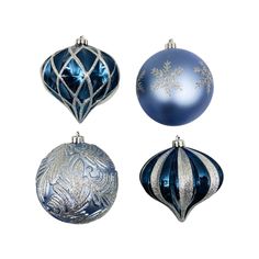 three blue and silver christmas ornaments on a white background