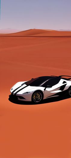 a white and black sports car is in the middle of an orange desert area with sand dunes