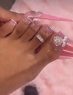 21 Birthday Nails Short, Square Curved Acrylic Nails, Girly Pedicure, White Acrylic Toes With Rhinestones, Gem Pedicure, Flashy Nail Designs, French Tip Toes With Design, Toe Acrylic Nails, Bling Toe Nails