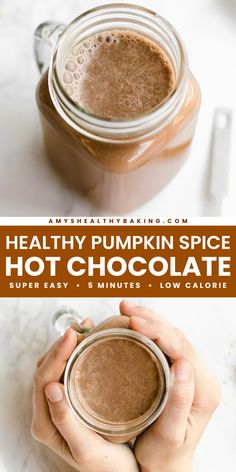 Warm up with this Healthy Pumpkin Spice Hot Chocolate! Full of flavor and spices, it's the perfect fall drink for cool mornings. This simple pumpkin recipe for hot cocoa is also gluten free, dairy free, egg free, vegan, clean eating, low fat, paleo, sugar free, and low carb! Low Calorie Hot Chocolate, Low Calorie Hot Chocolate Recipe, Pumpkin Spice Hot Chocolate Recipe, Hot Chocolate Dairy Free, Pumpkin Spice Hot Chocolate, Healthy Hot Chocolate Recipe, Spice Hot Chocolate, Pumpkin Hot Chocolate, Clean Eating Smoothies