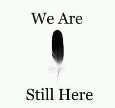 we are still here written in black and white with a feather on the bottom right corner