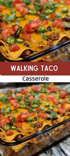 a casserole dish with cheese, tomatoes and green beans on top is shown in two separate pans