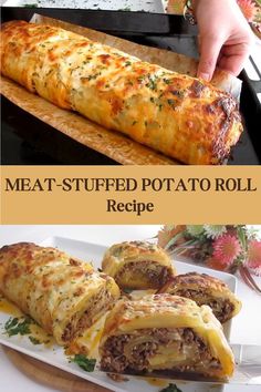 meat - stuffed potato roll recipe with text overlay