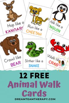 12 free animal walk cards for kids to learn how to read and draw with them