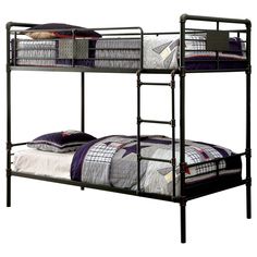 two metal bunk beds sitting next to each other on top of a white flooring