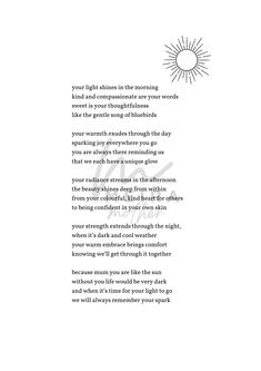 a poem written in black and white with an image of the sun above it,