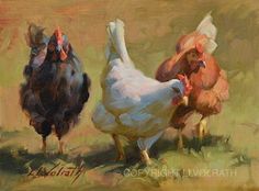 an oil painting of three chickens standing in the grass with one chicken looking at the camera