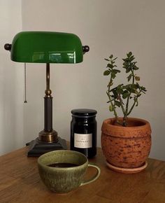 a green lamp next to a potted plant on a wooden table with a cup of coffee