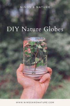 a hand holding up a jar filled with plants and water that says diy nature globes