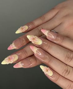 Almond Fairy Nails, Jelly Flower Nails, Nail Inspiration Summer 2024 Almond, Sculpted Flower Nails, Nail Inspiration Summer 2024, Apres Gel X Nails Design, Yellow Pink Nails, Hibiscus Flower Nails