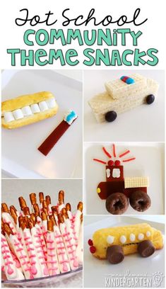 there are pictures of different food items made out of candy and marshmallows