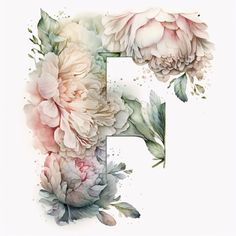 the letter f is made up of pink and white flowers with green leaves on it