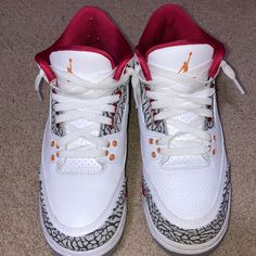 Cardinal Red Jordan 3, Brand New And Worn A Few Times; Size 7 Youth Big Kids But Fits Women 8.5. Comes With Box White Jordan Shoes With Laces, Round Toe, White Jordan Shoes With Red Sole, Lace-up, Red Low-top Sneakers With White Laces, Red Sports Sneakers With White Laces, Red Sneakers With White Laces For Sports, Red Sneakers With White Laces And Round Toe, Sporty Red Sneakers With White Laces, Red Sneakers With White Laces, Red Jordan 3