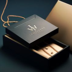 a box with the letter w on it sitting next to another box that has a necklace in it