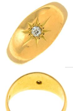 two gold rings with diamonds on them, one in the shape of a star and the other shaped like an oval