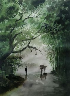 two people with umbrellas walking down a path in the rain under some green trees