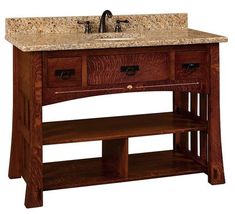 a bathroom vanity with two drawers and a marble top on an oak wood frame stand