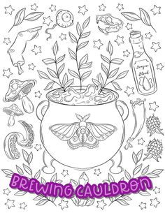 a coloring page with an image of a pot full of plants and some other items