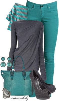 Gray and Teal jean business casual #womens #apparel | New Look!!! Teal Jeans, Mode Tips, Long Midi, Skirt Maxi, Green Pants, 가을 패션, Robins, Looks Style, Outfit Casual