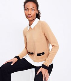 Styled with a shirt-inspired cotton poplin collar and hem, this crested button-topped cotton blend sweater elevates your everyday. Point collared crew neck. Long sleeves. Faux welt button pocket trim.,Bullet1:Sweater weight: Midweight,Hit:Hit: Hits at hip,Imported:Imported,Fit:Fit: Slim — streamlined to fit close to the body,Length:19 3/4" long,Fabrication:60% Cotton 40% Acrylic,Garment Care:Machine Washable Loft Poplin Layered Mixed Media Sweater Size 2XL Perfect Camel Women's by Loft Size Regu Getaway Dress, Petite Sweaters, Social Dresses, Hip Style, Grey Outfit, Trim Top, Detailed Sweater, Petite Tops, Trendy Clothes For Women