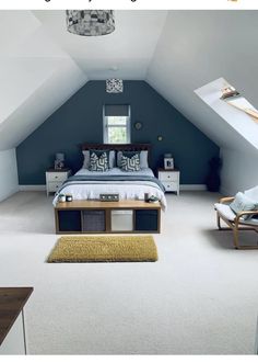 an attic bedroom with blue walls and white carpeting is featured in this article by interior design magazine