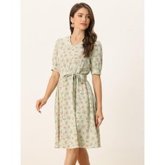 Designed as a lightweight midi option, this cute regular-fit floral dress has a flattering empire line silhouette. Lightweight and flowing, the flared silhouette is decorated in neutral flowers and is trimmed with pretty lace detailing. Pair it with strappy sandals or elegant high heels and add a clutch for a wedding guest look. Occasion: Vacation, Weekend, Gathering, Casual, Beach, Date, Wedding. Flowy Knee-length Floral Dress For Garden Party, Casual A-line Floral Dress For Daywear, Casual Knee-length Floral Dress For Daywear, Flowy Knee-length Midi Dress With Ditsy Floral Print, Spring Floral Knee-length Dress For Daywear, Knee-length Floral Dress For Spring Daywear, Knee-length Ditsy Floral Print Dress For Daywear, Modest Knee-length Midi Dress With Ditsy Floral Print, Modest Knee-length Floral Print Dress