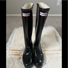 Hunter Boots Never Worn; No Box. These Boots Will Be Great To Wear For Spring- Size Is A Men’s 7/Woman’s 8. These Boots Are The Original Tall Glossy Hunter Boots Fitted Waterproof Black Boots, Black Round Toe Rain Boots For Spring, Black Knee-high Rain Boots, Womens Hunter Boots, Hunter Shoes, Women Hunters, Hunter Boots, Winter Rain, Solid Black