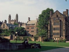 people are sitting on the grass in front of a large building