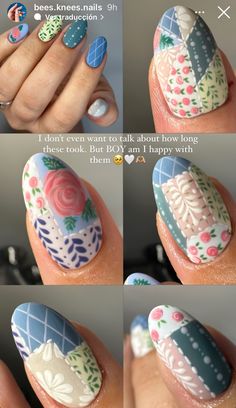 Patch Work Nail Art, Mental Health Nails Ideas, Easy Floral Nails, Patchwork Nail Art, Quilt Nails Designs, Toile Nails, Earth Day Nails, Woodland Nails, Quilt Nails